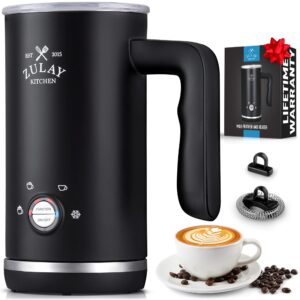 zulay kitchen 4-in-1 milk steamer - automatic milk frother electric (10oz/300ml) - milk frother and steamer - stainless steel electric milk frother for latte, cappuccino, hot chocolate (turbo black)