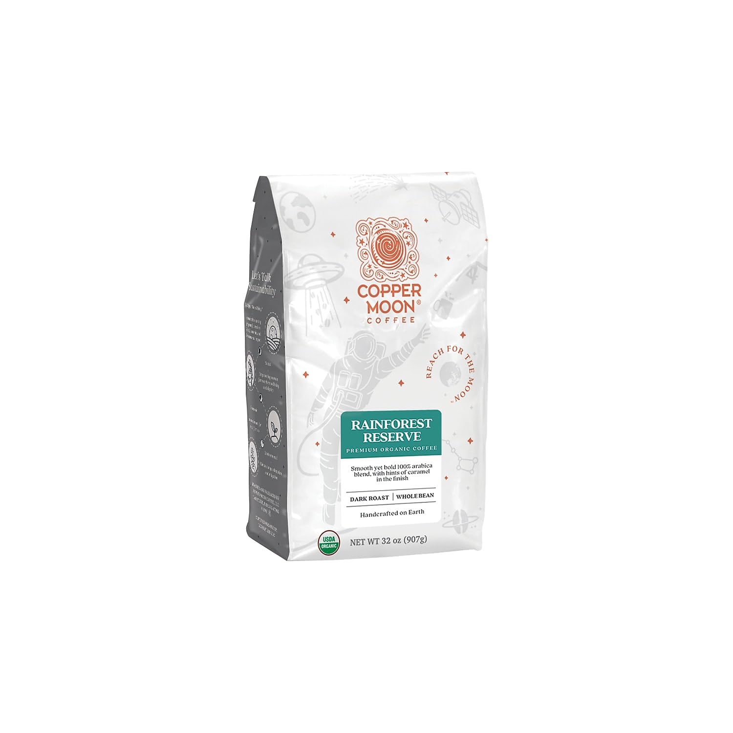 Copper Moon Whole Bean Coffee, Dark Roast, Rainforest Reserve Organic Blend, 2 Lb