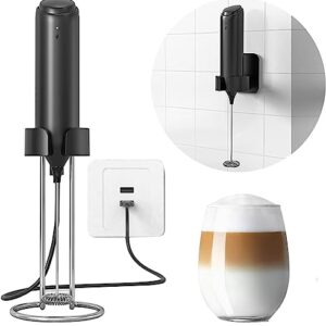 FFG Milk Frother Handheld , New Upgraded Wall Mount Bracket usb Socket Induction Charging Manual Coffee Maker. Handheld Electric Milk Frother For Coffee Matcha Cappuccino Hand Mixer (Black)