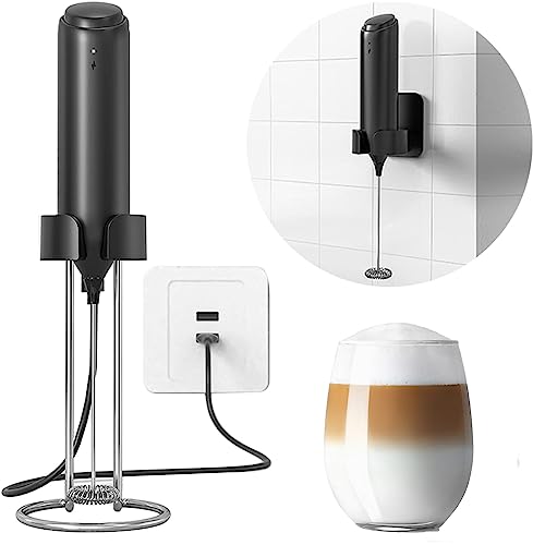 FFG Milk Frother Handheld , New Upgraded Wall Mount Bracket usb Socket Induction Charging Manual Coffee Maker. Handheld Electric Milk Frother For Coffee Matcha Cappuccino Hand Mixer (Black)