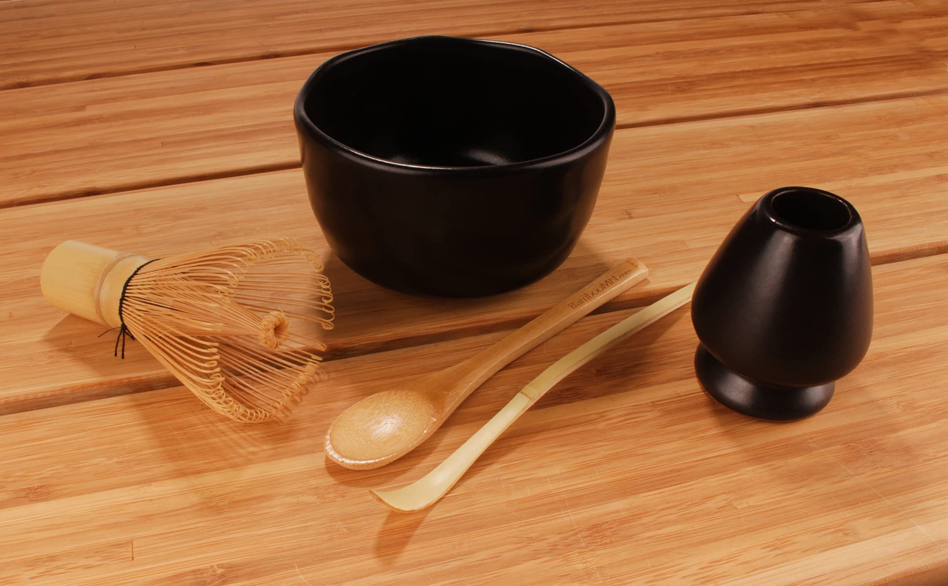BambooMN Brand - Matcha Bowl Set (Includes Bowl, Rest, Tea Whisk, Chasaku, & Tea Spoon) 1 Set Black