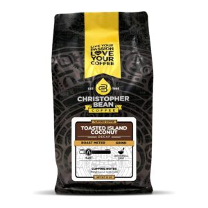 christopher bean coffee - toasted island coconut flavored coffee, (decaf ground) 100% arabica, no sugar, no fats, made with non-gmo flavorings, 12-ounce bag of decaf ground coffee