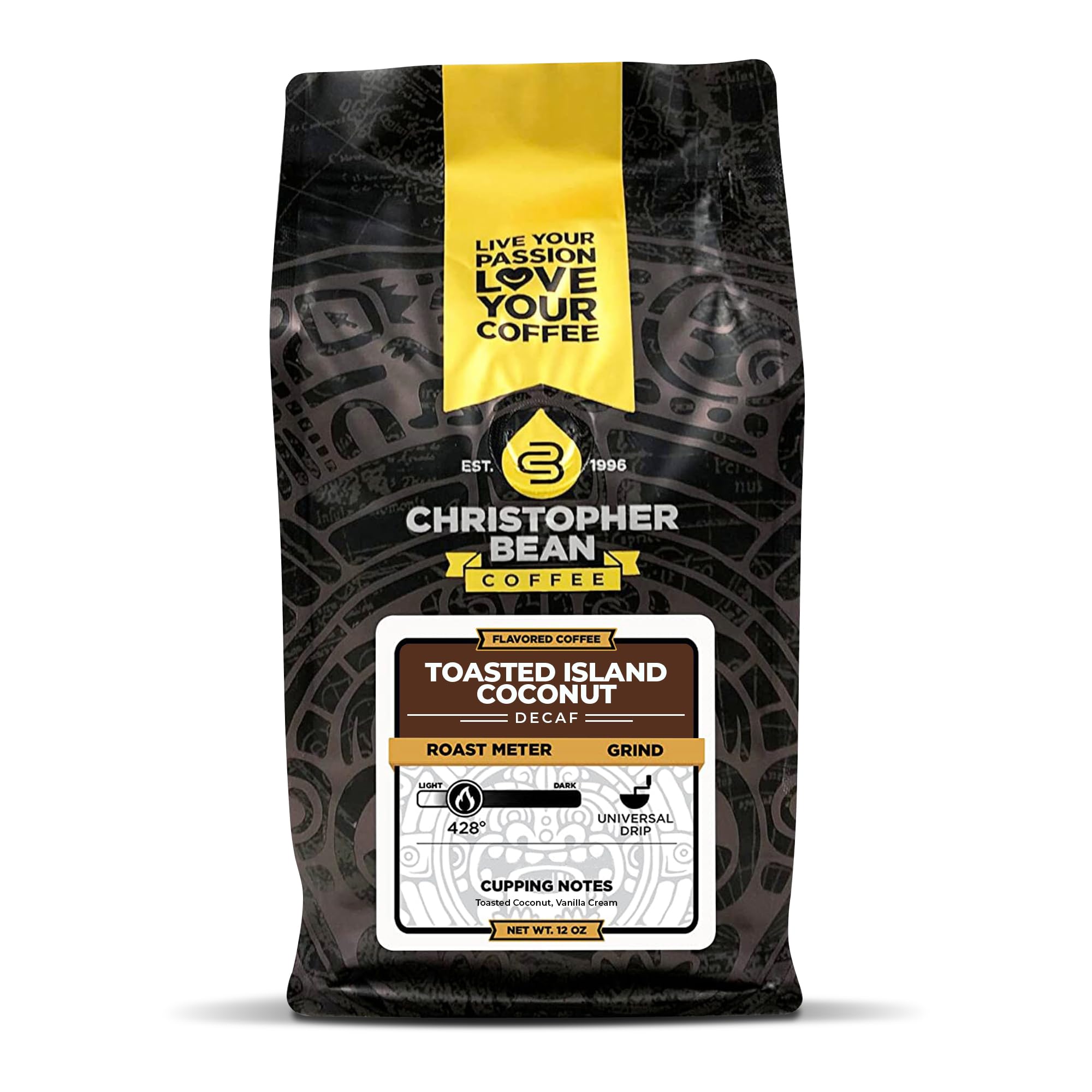 Christopher Bean Coffee - Toasted Island Coconut Flavored Coffee, (Decaf Ground) 100% Arabica, No Sugar, No Fats, Made with Non-GMO Flavorings, 12-Ounce Bag of Decaf Ground coffee