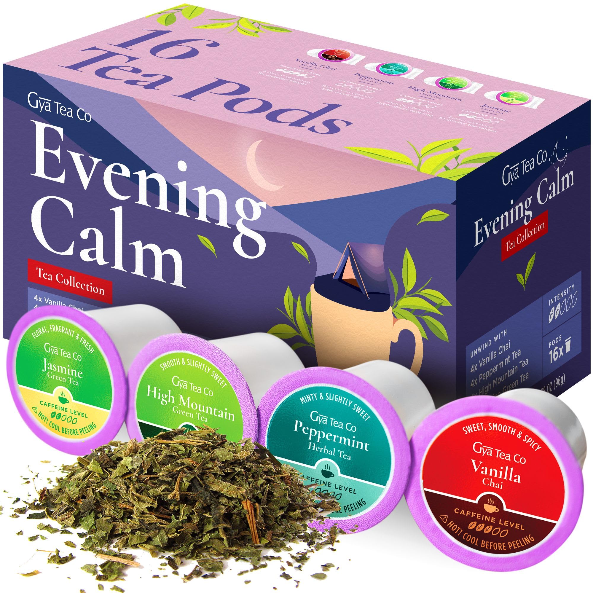 Evening Calm Tea K Cups Tea Variety Pack - 4 Flavors of Keurig Tea K-Cups for Stress Relief - Vanilla Chai, Peppermint, High Mountain, Jasmine Keurig Tea Pods - K Cup Tea Pods for Keurig