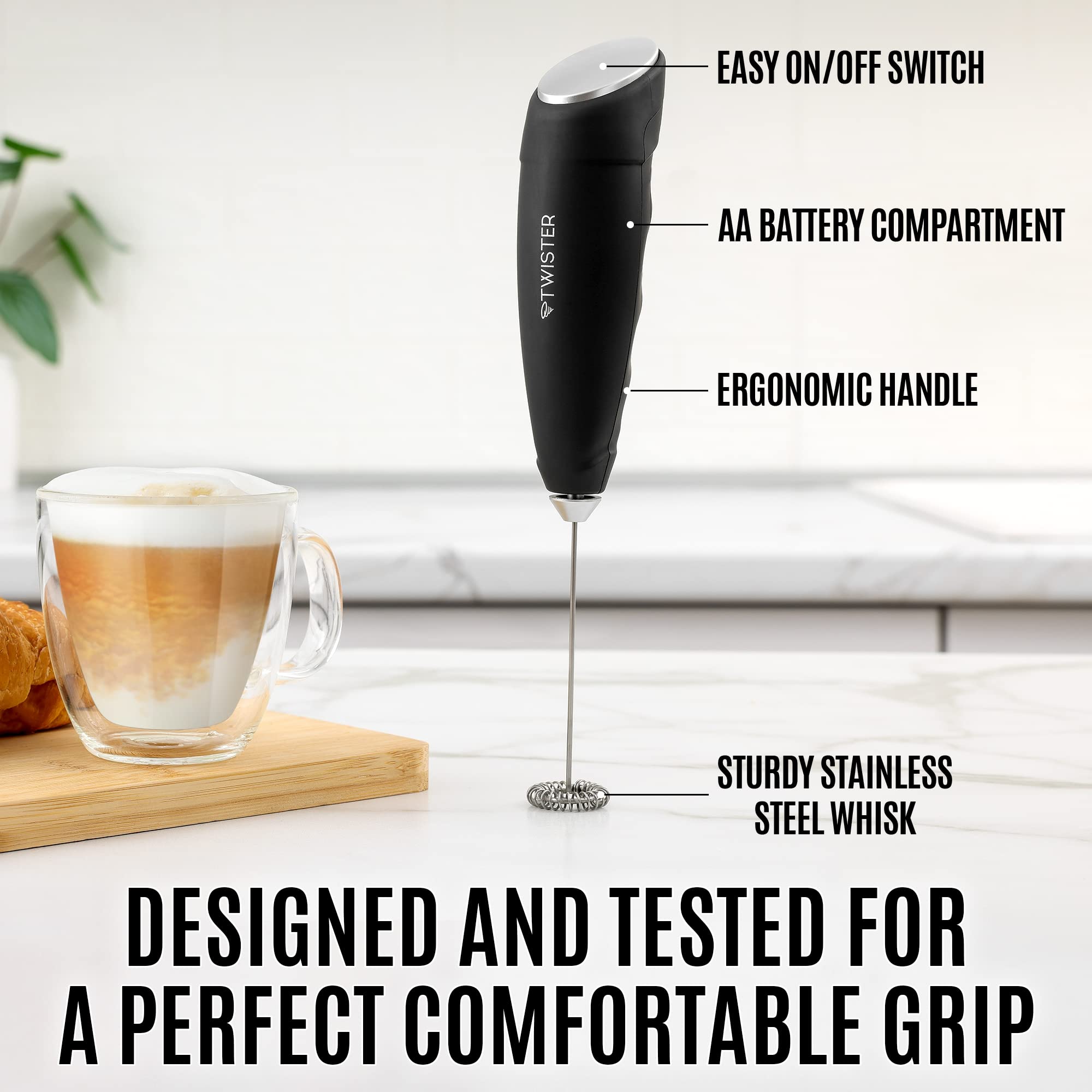 Zulay Kitchen Powerful Milk Frother Handheld - Easy-to-Grip Hand Mixer Electric - Twister-Design Mini Mixer for Powder Drinks - Coffee Frother Handheld & Mixer Electric Handheld - (Black/Silver)