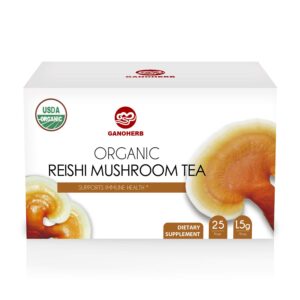 ganoherb organic reishi mushroom tea, adaptogen ganoderma lucidum herbal tea for immune health boost, stress relief, 100% usda organic, caffeine-free, no sugar, 25 count (pack of 1)