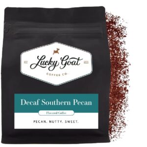 lucky goat flavored decaf coffee – ground - southern pecan 12 oz bag - natural water process, nutty & sweet, low acid, smooth body, medium roast, gluten free, sugar free, and keto