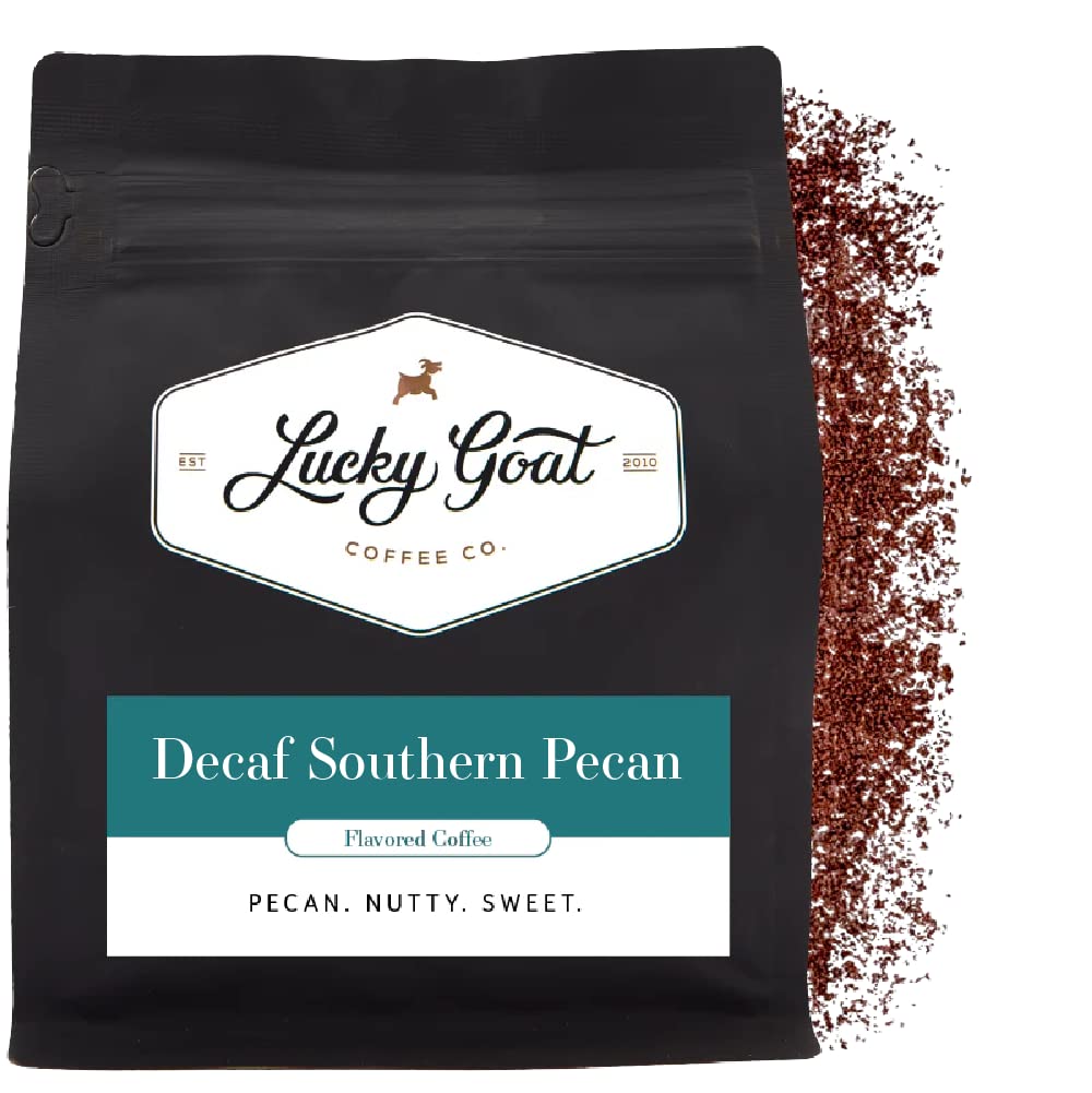 Lucky Goat Flavored Decaf Coffee – Ground - Southern Pecan 12 oz Bag - Natural Water Process, Nutty & Sweet, Low Acid, Smooth Body, Medium Roast, Gluten Free, Sugar Free, and Keto