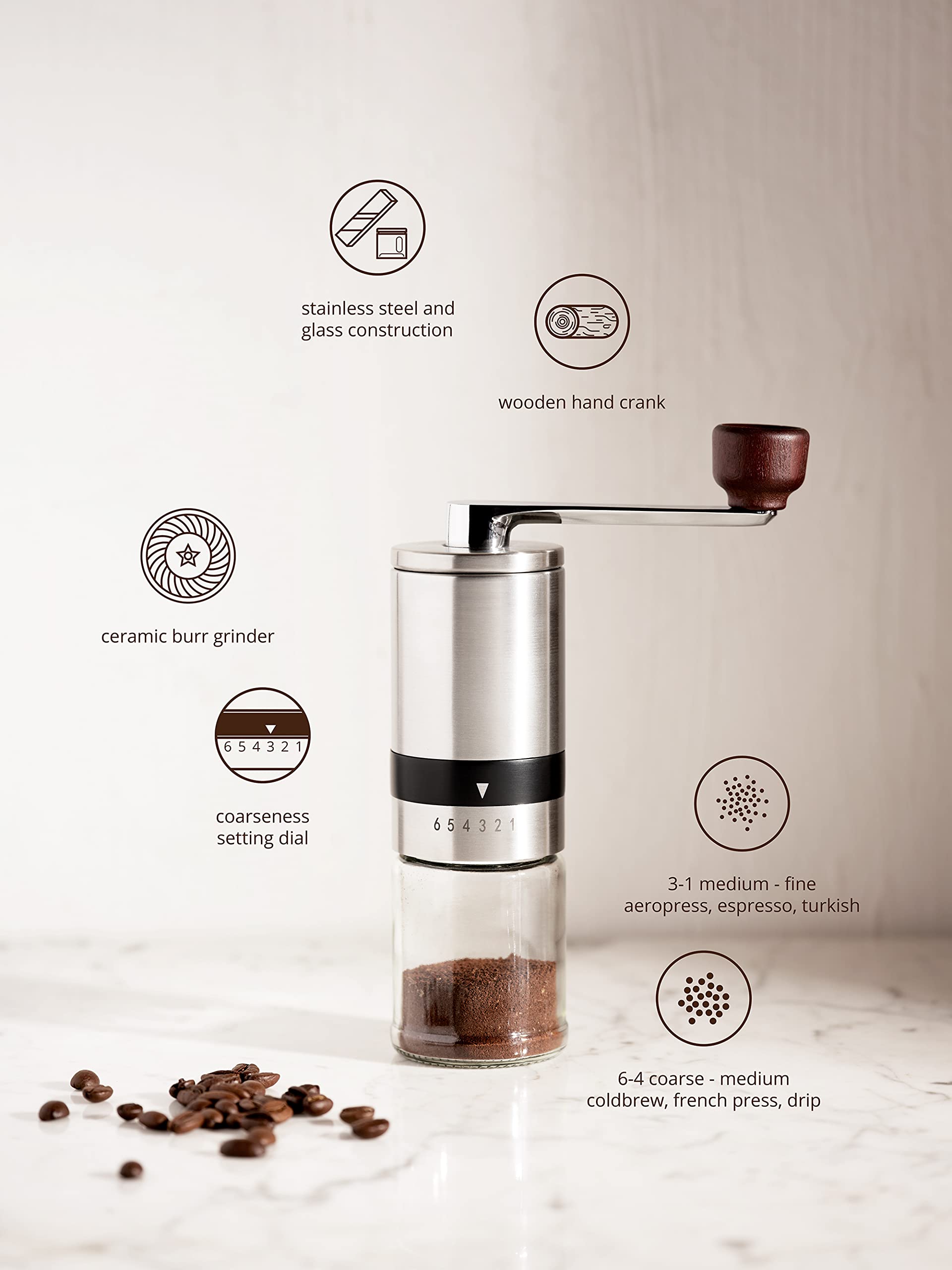 Laguna Pacific Manual Coffee Bean Grinder | 6 Coarseness Settings | Espresso Grinder, Cold Brew, French Press, Drip, | Burr Coffee Hand Grinder Coffee Mill | Home, Portable, Camping, Travel