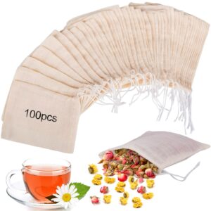 100 pack tea filter bags with drawstring, tea filter bags for loose tea, reusable tea filter bags, disposable tea infuser sachets for tea leaf coffee brew, cheesecloth mesh muslin strain bags 3x4 inch