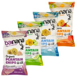 barnana organic plantain chips - variety pack - 5 ounce, 4 pack plantains - barnana salty, crunchy, thick sliced snack - best chip for your everyday life - cooked in premium coconut oil