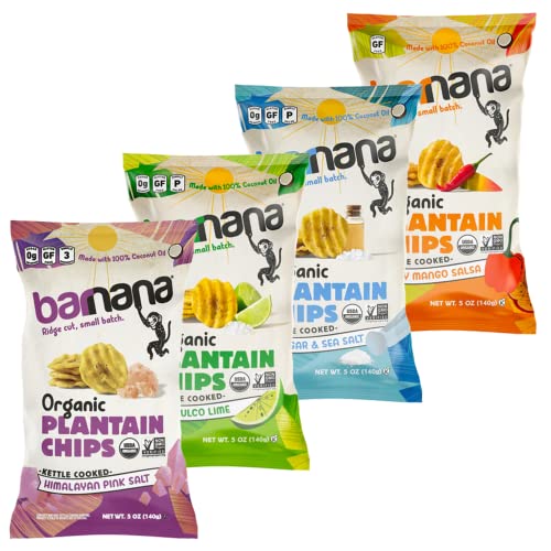 Barnana Organic Plantain Chips - Variety Pack - 5 Ounce, 4 Pack Plantains - Barnana Salty, Crunchy, Thick Sliced Snack - Best Chip For Your Everyday Life - Cooked in Premium Coconut Oil