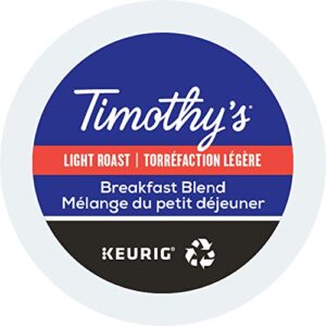 timothy's, breakfast blend, single-serve keurig k-cup pods, light roast coffee, 96 count (4 boxes of 24 pods)