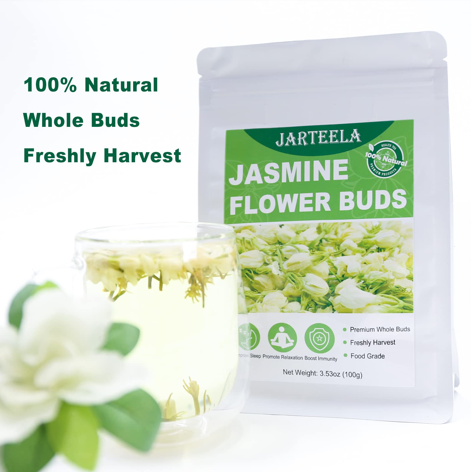 Jarteela - Jasmine Flowers Dried - 3.53oz/100g - Edible Dried Jasmine Flowers - Non-GMO - Caffeine-free - Blends Well With Tea