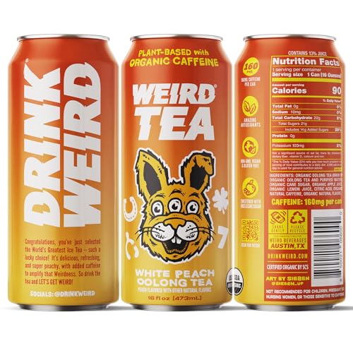 Drink Weird - Weird Tea, White Peach Oolong Tea, Certified Organic Functional Iced Tea with 160mg of Natural Caffeine, 12 Pack of 16oz Cans