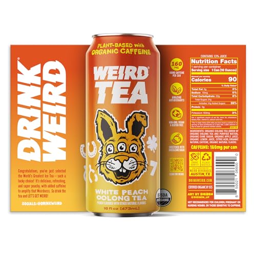 Drink Weird - Weird Tea, White Peach Oolong Tea, Certified Organic Functional Iced Tea with 160mg of Natural Caffeine, 12 Pack of 16oz Cans