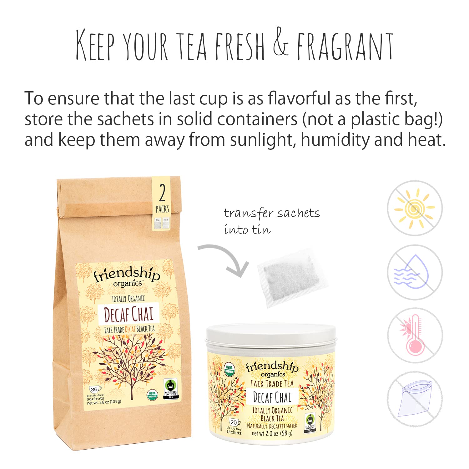 Friendship Organics Decaf Chai Tea Bags, Organic and Fair Trade 36 count
