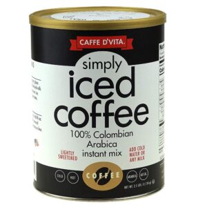caffe d’vita simply iced coffee - 100% colombian arabica instant mix, latte mix, low calorie iced coffee, lightly sweetened, dairy free, instant coffee drink - 2.5 lb can