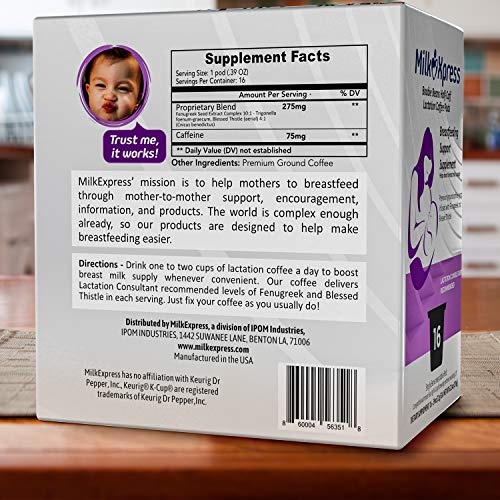 Lactation Supplement Coffee Pods Boost Milk Flow 16 Count Ground Breastfeeding Support Coffee Infused with Fenugreek and Blessed Thistle, Compatible with Keurig Brewers