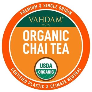 vahdam, organic original masala chai tea k cup (18 pods) caffeinated rich black tea pods | keurig compatible | bpa free & recyclable pods | single serve spiced masala chai tea pods