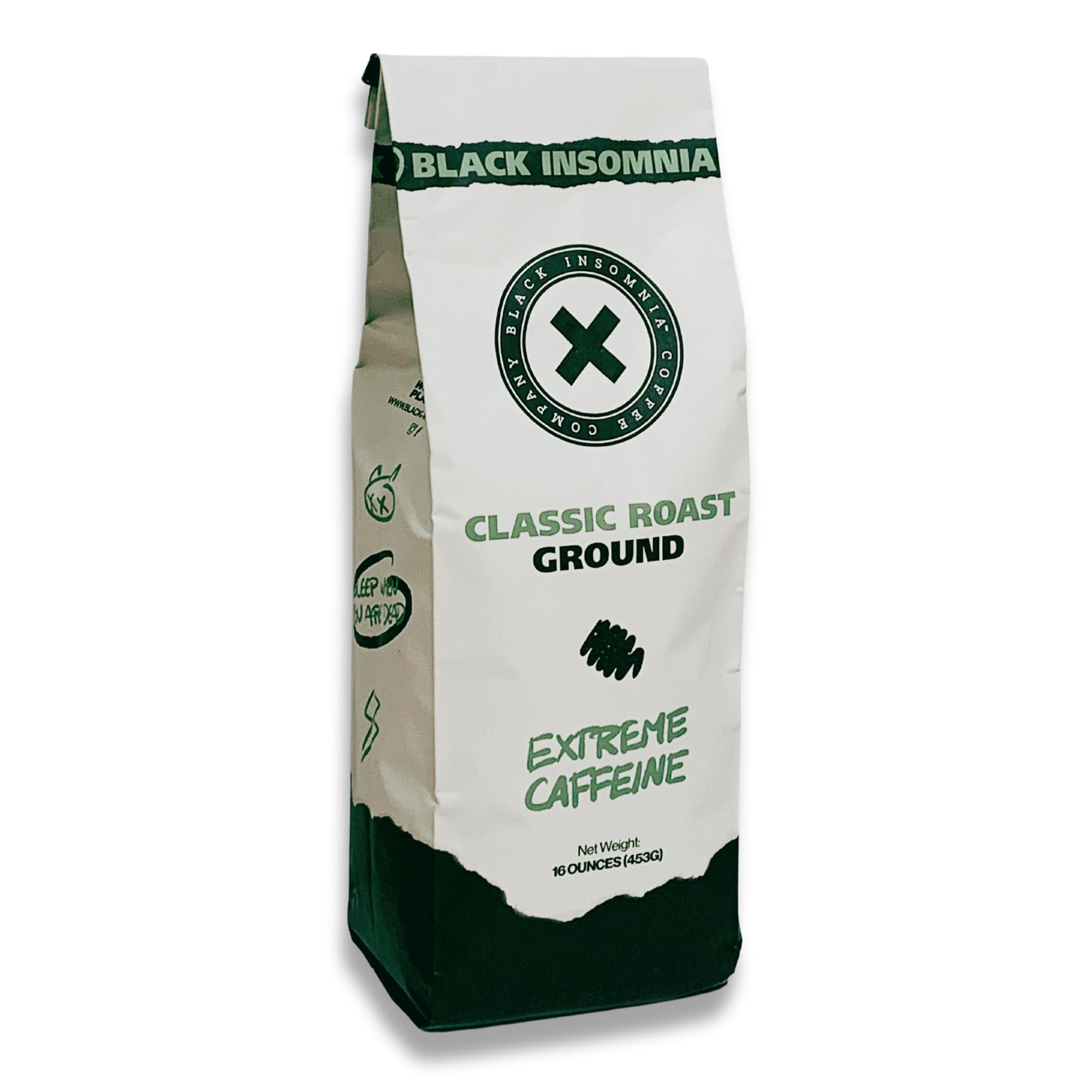 Black Insomnia Extreme Caffeine Coffee - World's Strongest Highly Caffeinated Coffee - Classic Roast Ground - 1lb