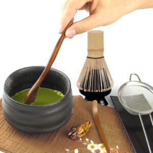 Artcome 10Pcs Japanese Matcha Tea Set, Matcha Bowl, Matcha Whisk, Whisk Holder, Traditional Scoop, Tea Spoon, Tea Cloth, Bamboo Holder, Scoop Holder, Matcha Powder Caddy, Matcha Powder Strainer(Black)