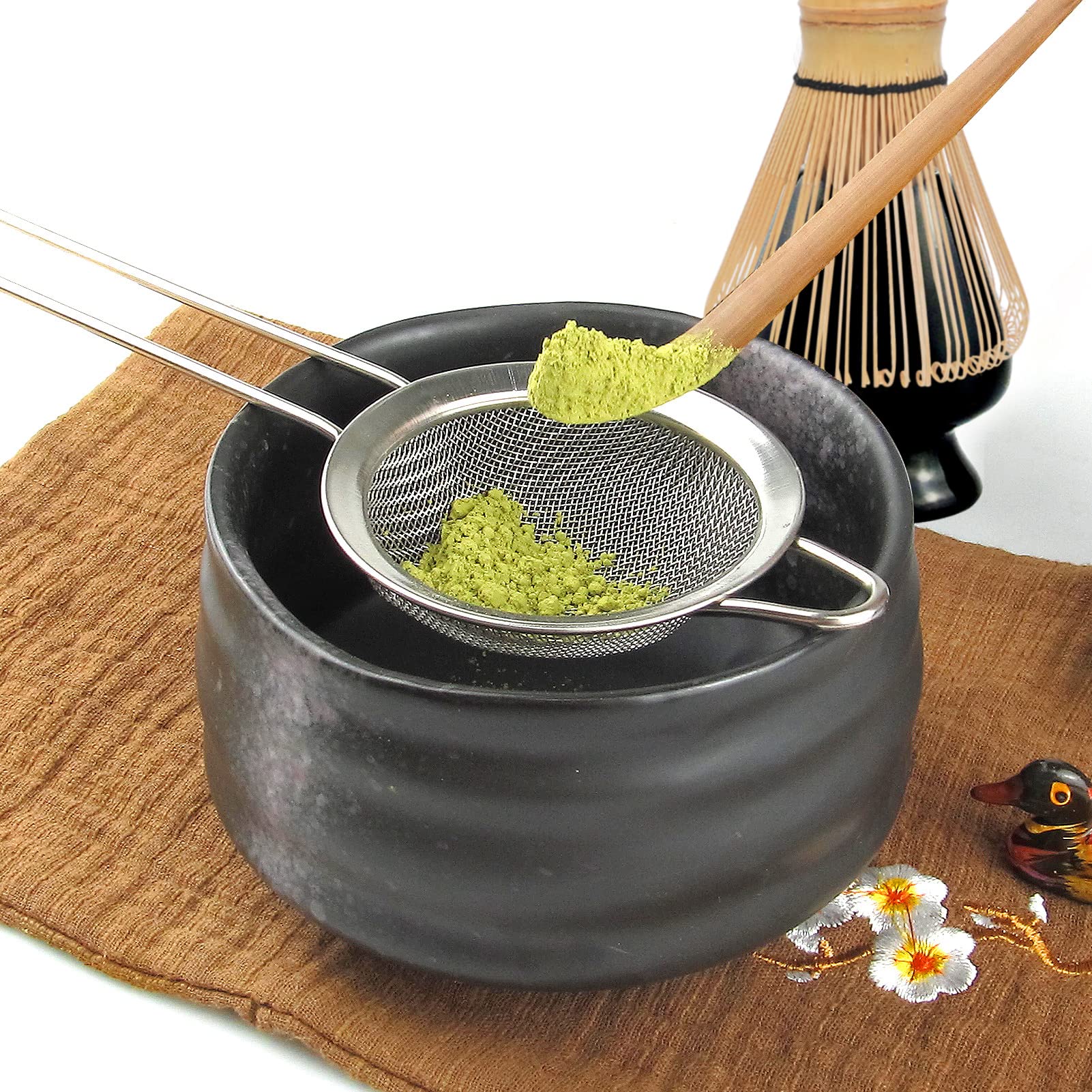 Artcome 10Pcs Japanese Matcha Tea Set, Matcha Bowl, Matcha Whisk, Whisk Holder, Traditional Scoop, Tea Spoon, Tea Cloth, Bamboo Holder, Scoop Holder, Matcha Powder Caddy, Matcha Powder Strainer(Black)