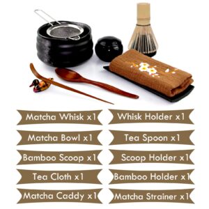 Artcome 10Pcs Japanese Matcha Tea Set, Matcha Bowl, Matcha Whisk, Whisk Holder, Traditional Scoop, Tea Spoon, Tea Cloth, Bamboo Holder, Scoop Holder, Matcha Powder Caddy, Matcha Powder Strainer(Black)