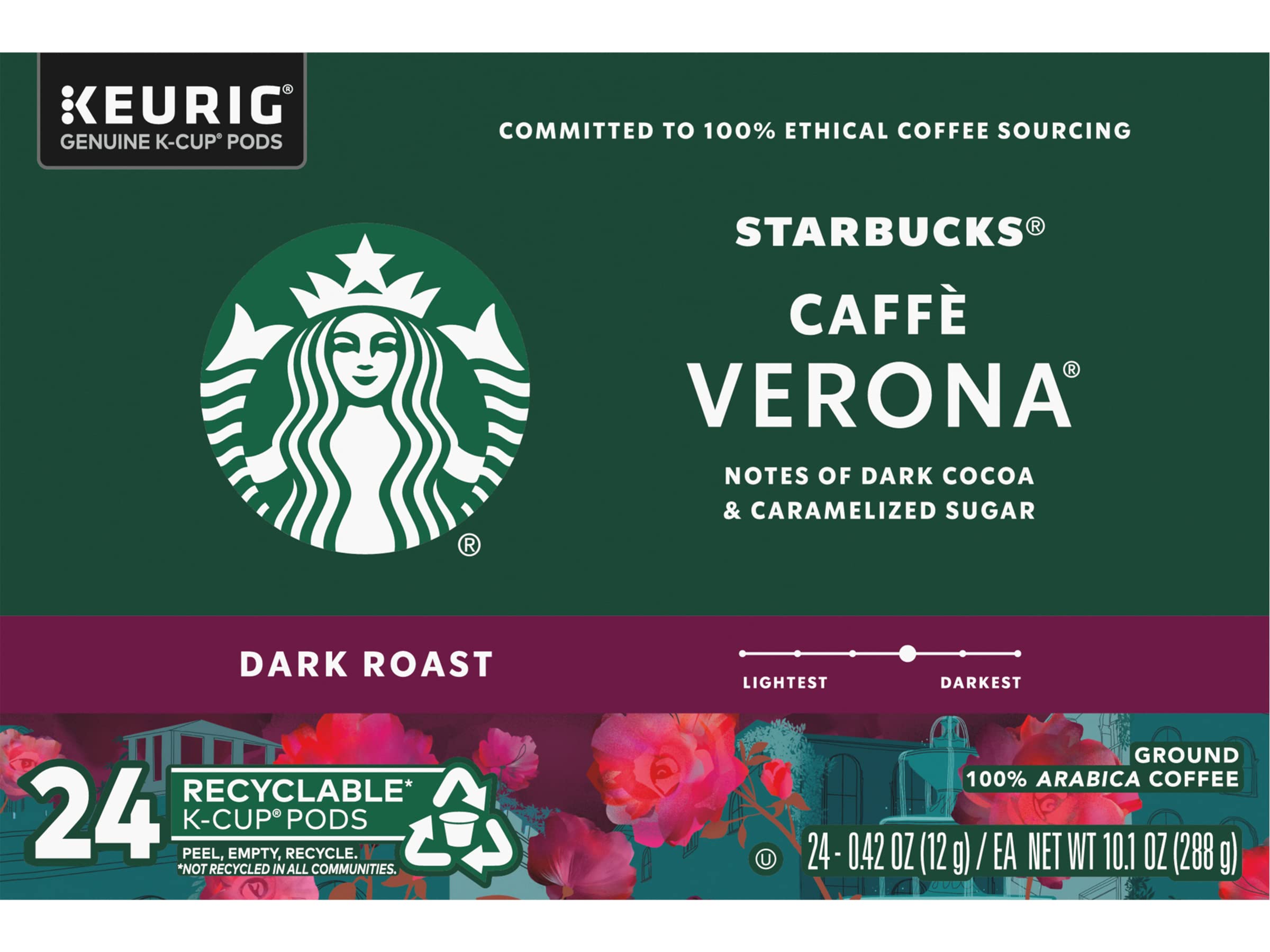 Starbucks Coffee K-Cup Pods, Caffè Verona, Dark Roast Coffee, Notes of Dark Cocoa & Caramelized Sugar, Keurig Genuine K-Cup Pods, 24 CT K-Cups/Box (Pack of 2 Boxes)