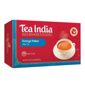tea india orange pekoe black tea chai flavorful blend of black tea & natural ingredients strong full-bodied traditional indian caffeinated tea 216 round teabags