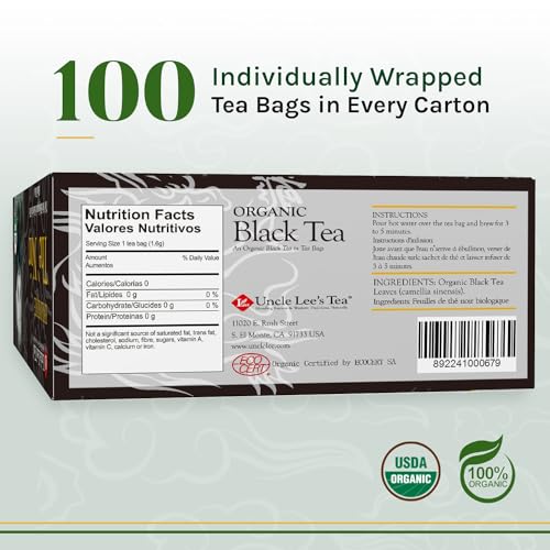 Uncle Lee’s Organic Black Tea - Premium Tea, Full-Bodied, Caffeinated Coffee Alternative, Robust Black Tea Bags, Individually Wrapped 100 Count