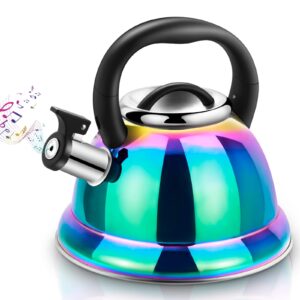 whistling tea kettle for stovetop, 3.5l stainless steel tea pot with cool ergonomic folding handle, rainbow induction kettles for boiling water, mirror finish…