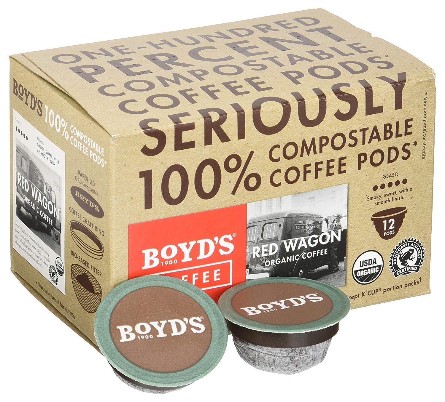 Boyd's Coffee Organic Red Wagon Coffee - Dark Roast - Single serve pods (72 Count)