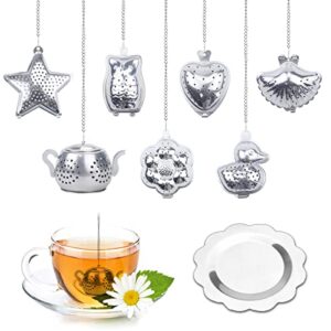 tslinc 8pcs loose leaf tea infuser with chain and drip trays stainless steel tea ball tea strainer for loose tea tea steeper for tea flavoring herbal spices seasonings, silver