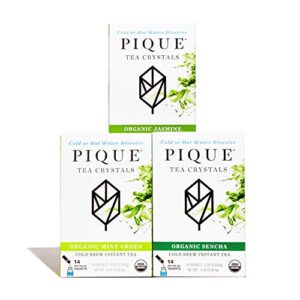 pique tea organic green tea crystals sampler - immune support, gut health, fasting - 42 single serve sticks (pack of 3)