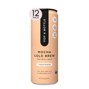 pop & bottle, oat milk mocha lattes - cold brew coffee, ashwagandha, mct oil, oat milk, organic, dairy free, gluten free, vegan, great as iced coffee, lightly sweetened with dates - 8 fl oz (12 pack)