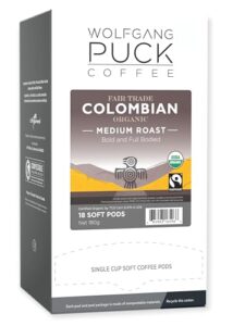 wolfgang puck coffee, colombian organic fair trade, 9.5 gram soft pod, 18 count (pack of 6)