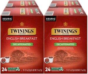 twinings decaf english breakfast tea k-cup pods for keurig, naturally decaffeinated black tea, smooth, flavourful, robust, 24 count (pack of 4)