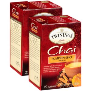 twinings pumpkin spice chai tea, caffeinated black tea naturally flavored with aromatic spices and ginger, tea bags individually wrapped, 20 count ea (pack of 2)
