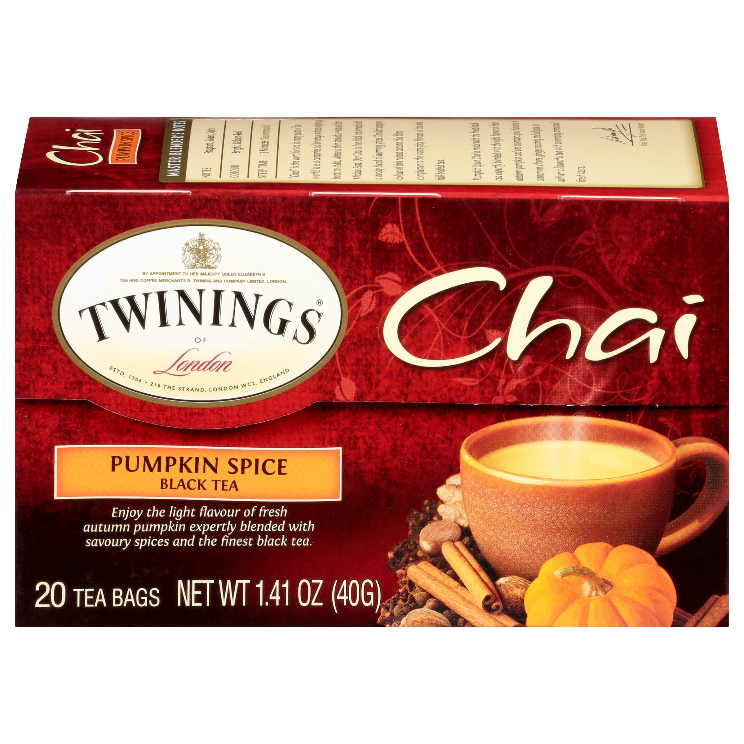 Twinings Pumpkin Spice Chai Tea, Caffeinated Black Tea Naturally Flavored with Aromatic Spices and Ginger, Tea Bags Individually Wrapped, 20 Count Ea (Pack of 2)