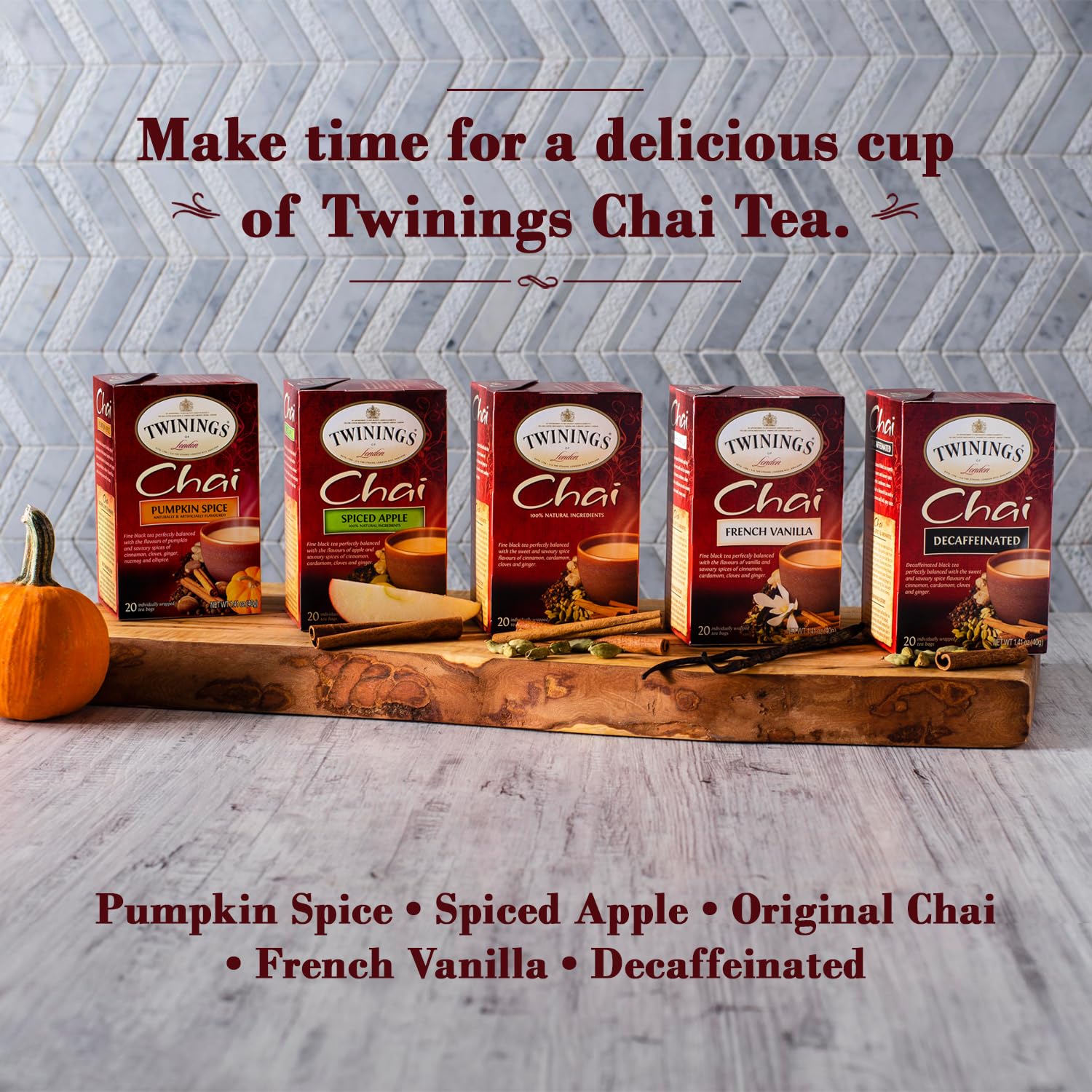 Twinings Pumpkin Spice Chai Tea, Caffeinated Black Tea Naturally Flavored with Aromatic Spices and Ginger, Tea Bags Individually Wrapped, 20 Count Ea (Pack of 2)