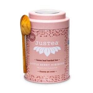 justea little berry hibiscus | loose leaf herbal tea | tin with hand carved tea spoon | 40+ cups (3.2oz) | caffeine free | award-winning | fair trade | non-gmo