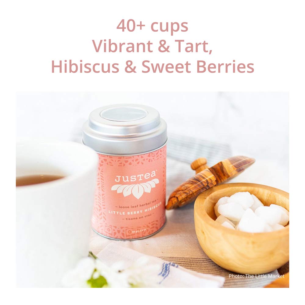 JusTea LITTLE BERRY HIBISCUS | Loose Leaf Herbal Tea | Tin with Hand Carved Tea Spoon | 40+ Cups (3.2oz) | Caffeine Free | Award-Winning | Fair Trade | Non-GMO