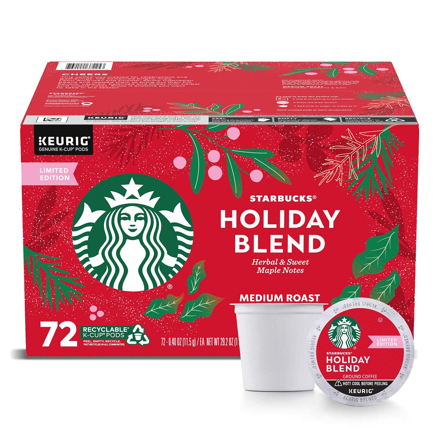 Starbucks Coffee Holiday Blend K Cup Pods, 29.2 Oz, 72 Count