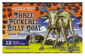 raven’s brew coffee high caffeine dark roast k-cup compatible single serve pods — three peckered billy goat 12ct
