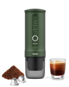 outin nano portable electric espresso machine with 3-4 min self-heating, 20 bar mini small 5v car coffee maker, with ns capsule & ground for camping, travel, rv, hiking, office