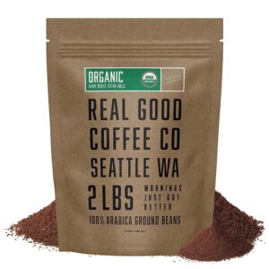 real good coffee company - ground coffee - organic dark roast coffee - 100% arabica coffee beans - roasted and ground in seattle, wa - 2 pound bag