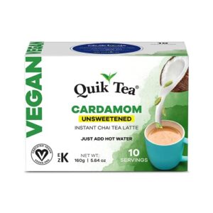 quiktea vegan unsweetened cardamom instant chai tea latte - 10 count single box - convenient, easy ayurvedic dairy free alternative - all natural non gmo superfood