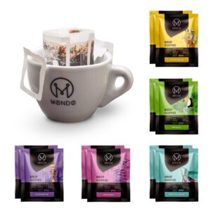 mondo drip coffee mix (10-pack variety), single serve pour over filter bags, pre-filled 100% arabica, medium roast