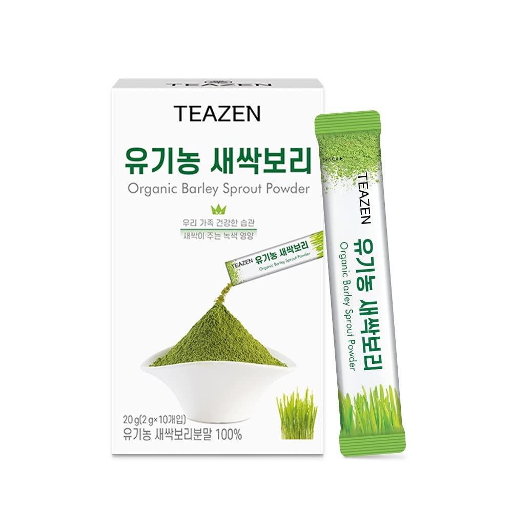 TEAZEN Organic Barley Sprout Juice Powder, Korean Organic Superfood Greens Barley Grass Juice Powder, Powdered Iced Tea, 10 Sticks, 0.7oz